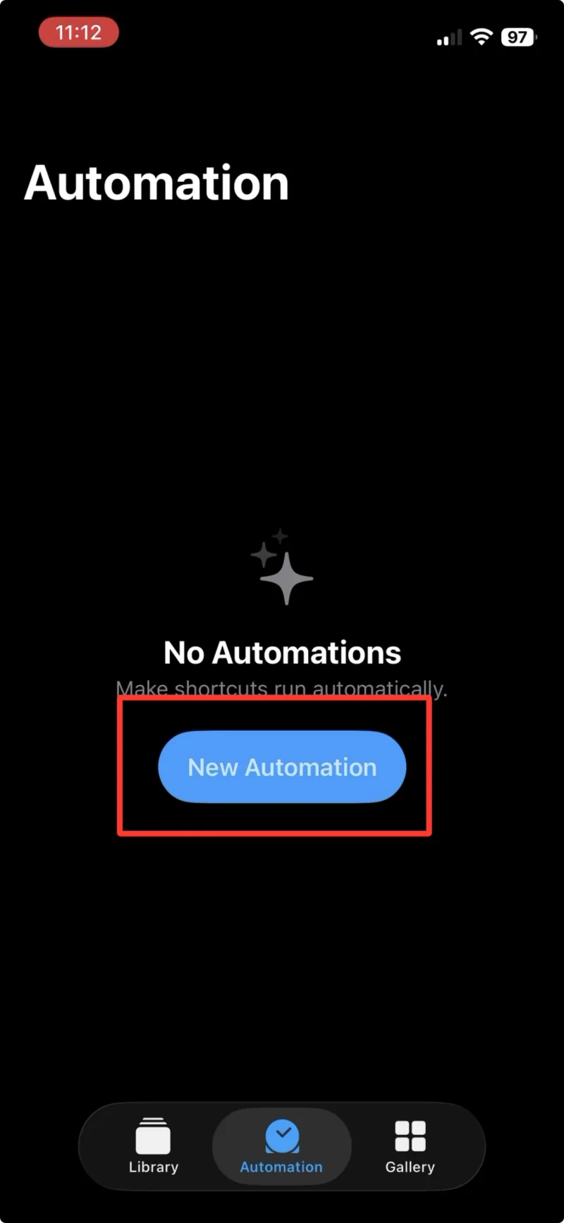 단축어에서 New Automation 버튼이 강조 표시되어 있습니다