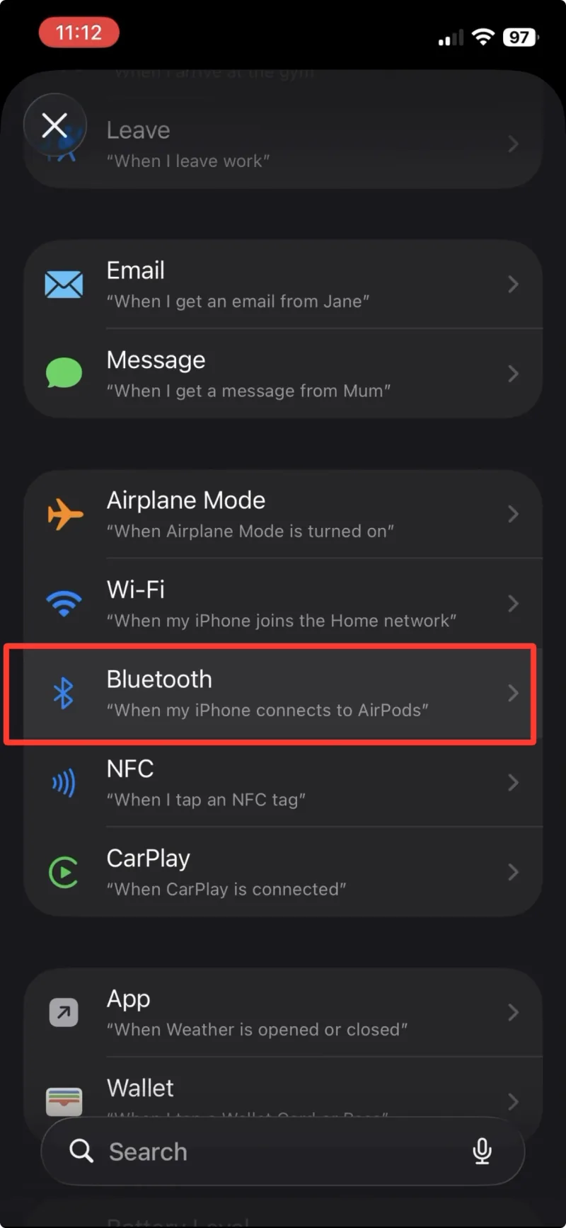 자동화 트리거 목록에서 Bluetooth가 강조 표시되어 있습니다