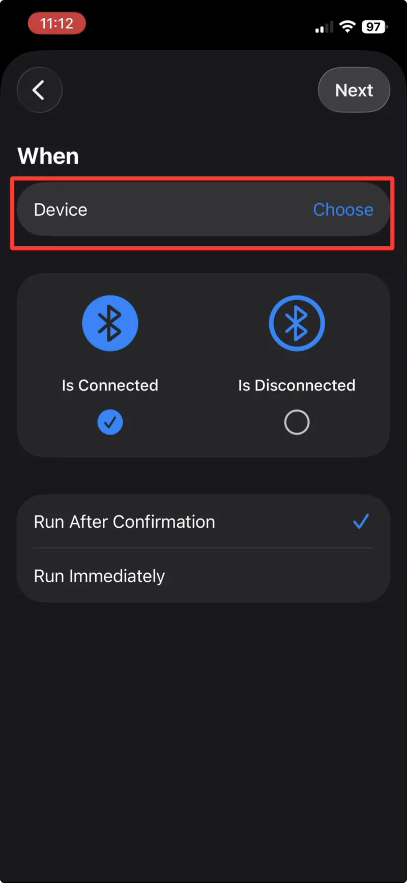 Bluetooth 자동화에서 Device 선택 항목이 강조 표시되어 있습니다