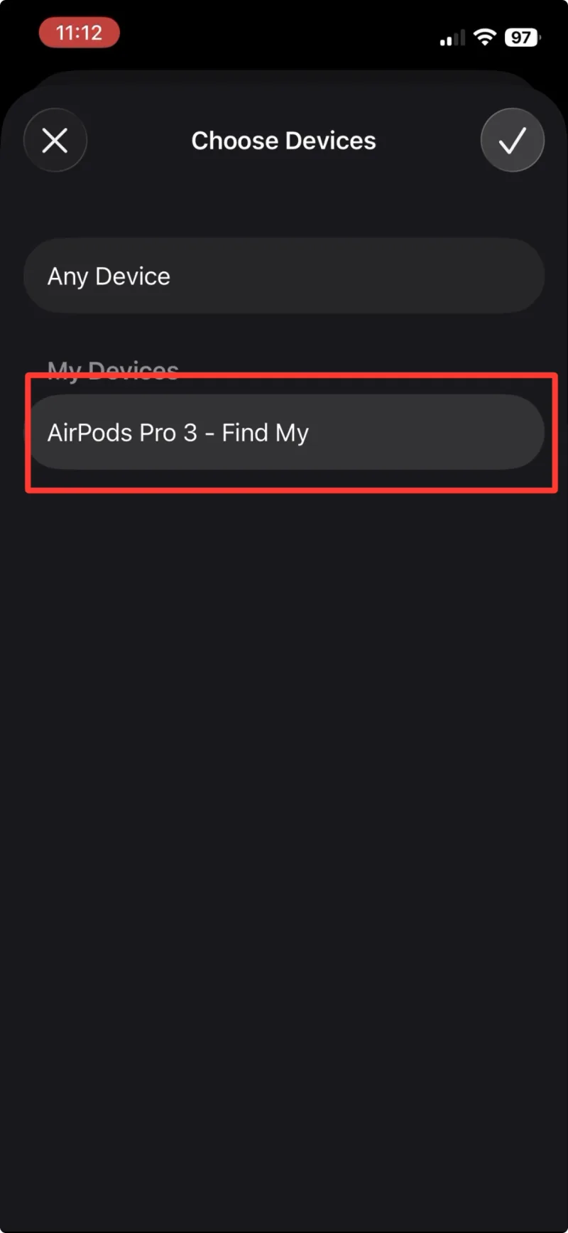 기기 목록에서 AirPods Pro 3가 강조 표시되어 있습니다
