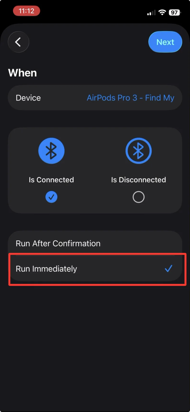 Bluetooth 자동화에서 Run Immediately가 강조 표시되어 있습니다