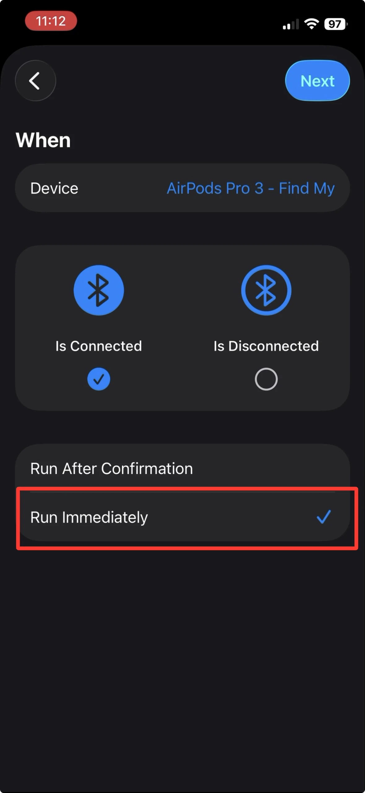 In der Bluetooth-Automation ist Run Immediately markiert