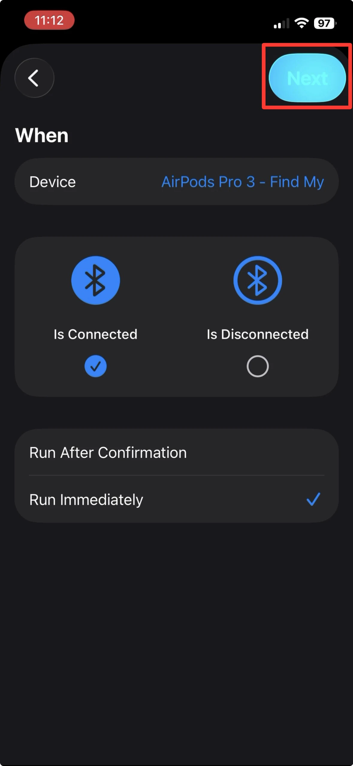 In der Bluetooth-Automation ist Next markiert
